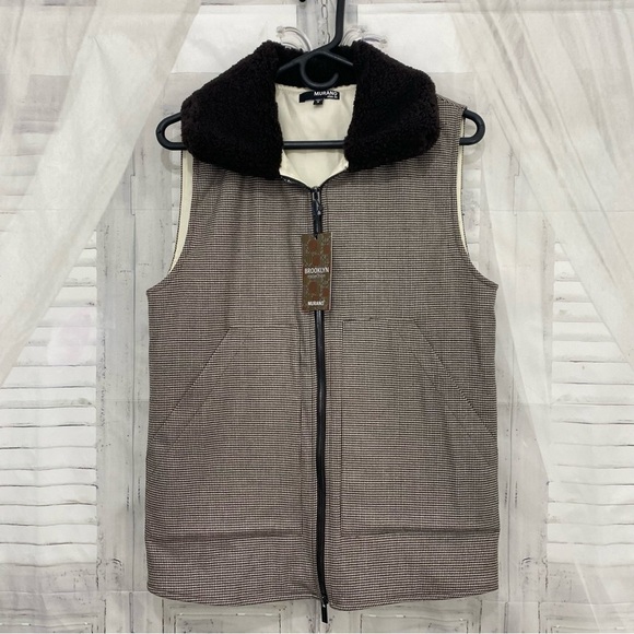 Murano Size Small Slim Brown Fit Brooklyn Collection Houndstooth Vest Full Zip - Picture 1 of 11